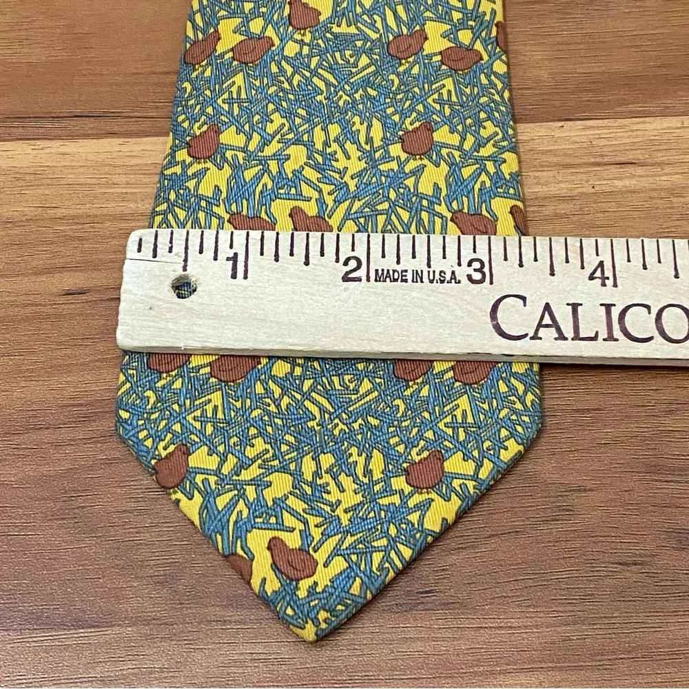 HERMÈS Paris 7364 PA Yellow Blue Quail Bird Chick Straw Print 100% Silk Necktie - Picture 13 of 15